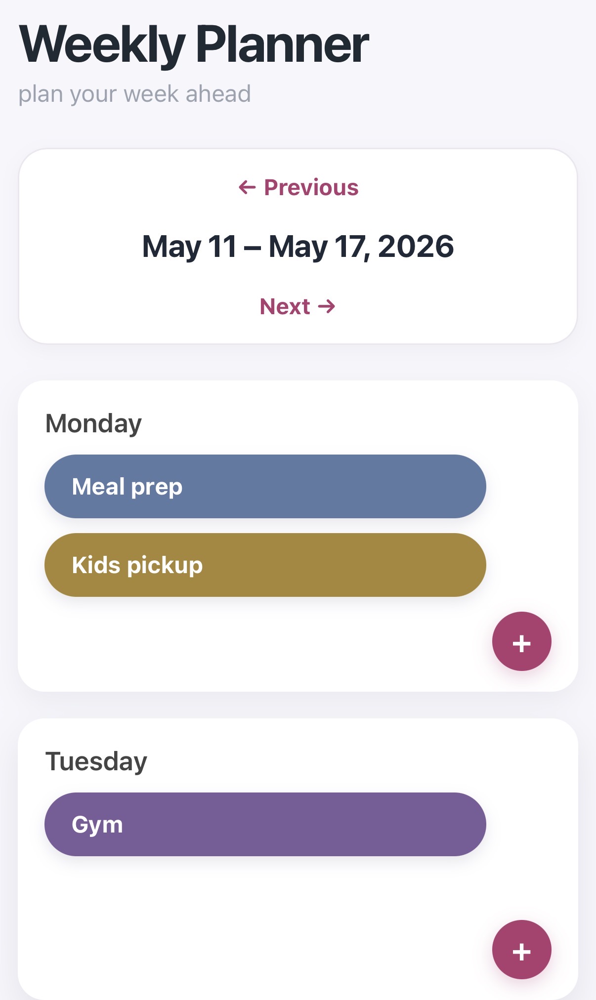 Weekly Planner mobile view
