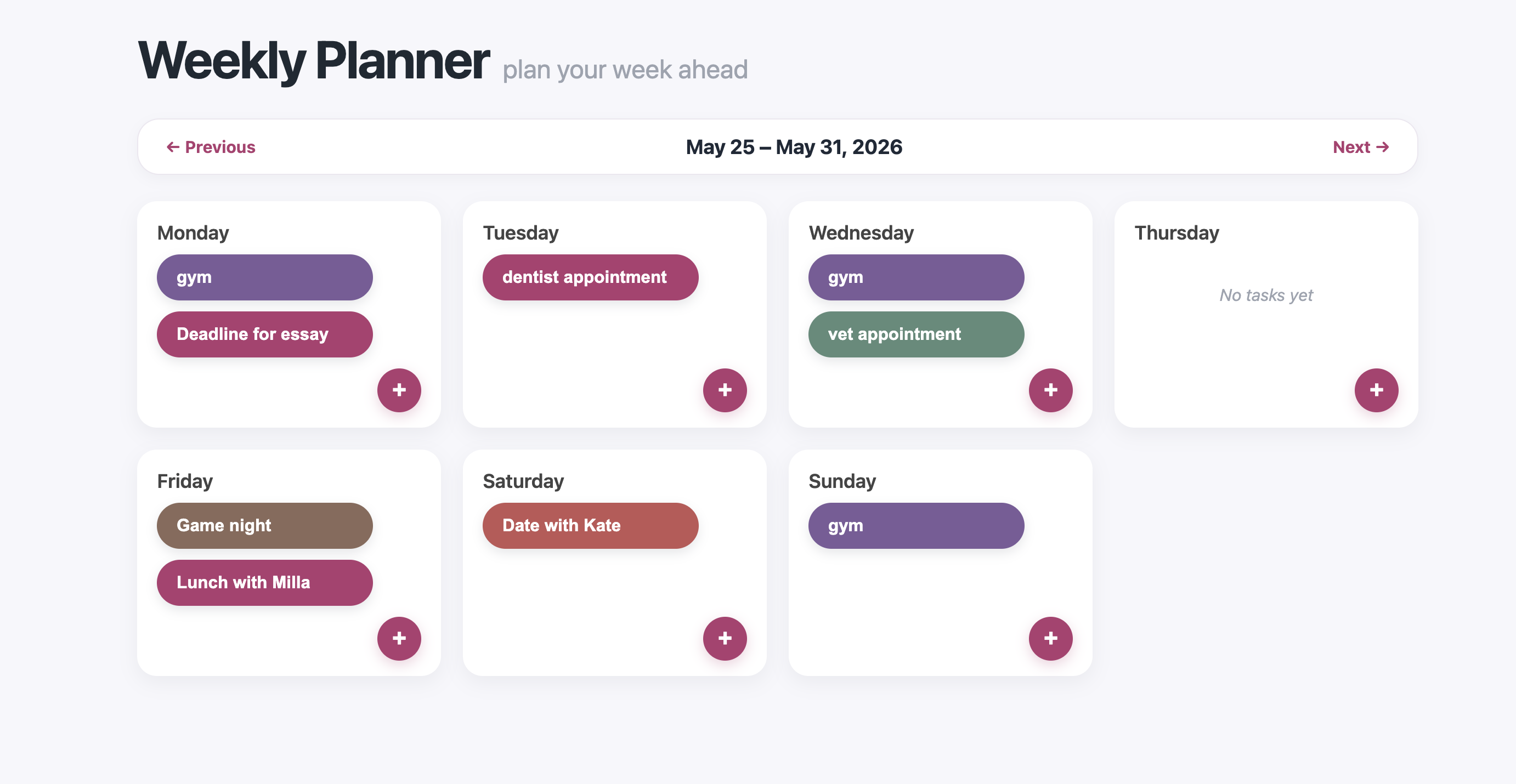 Weekly Planner desktop view